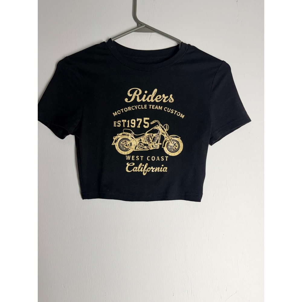 SHEIN Riders Motorcycle Graphic Crop Top Black West Coast California Baby Tee XS